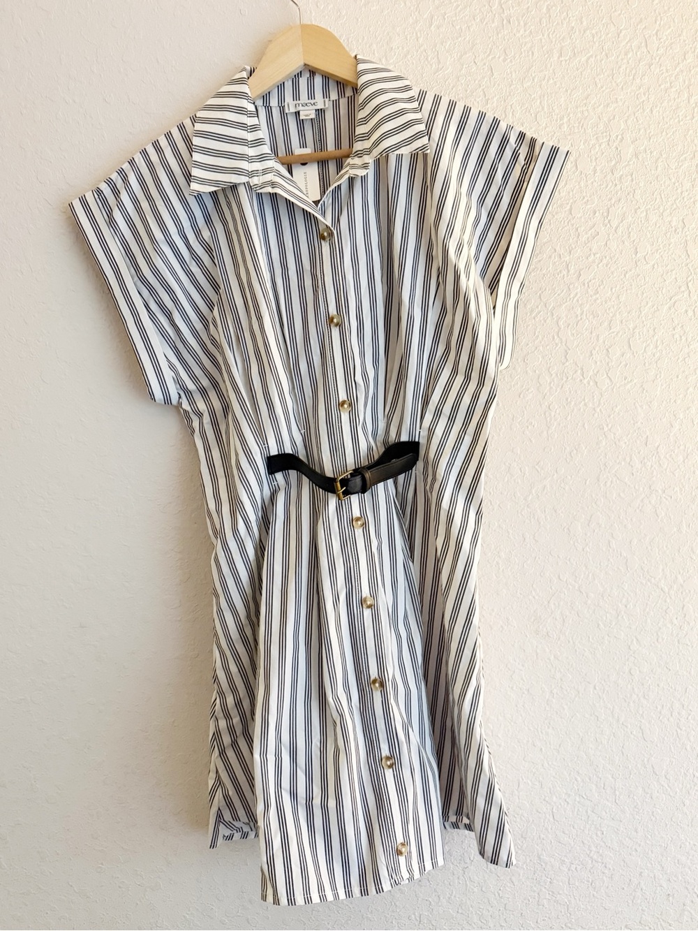 Maeve Anthropologie Black White Striped Belted Shirt Dress Size M